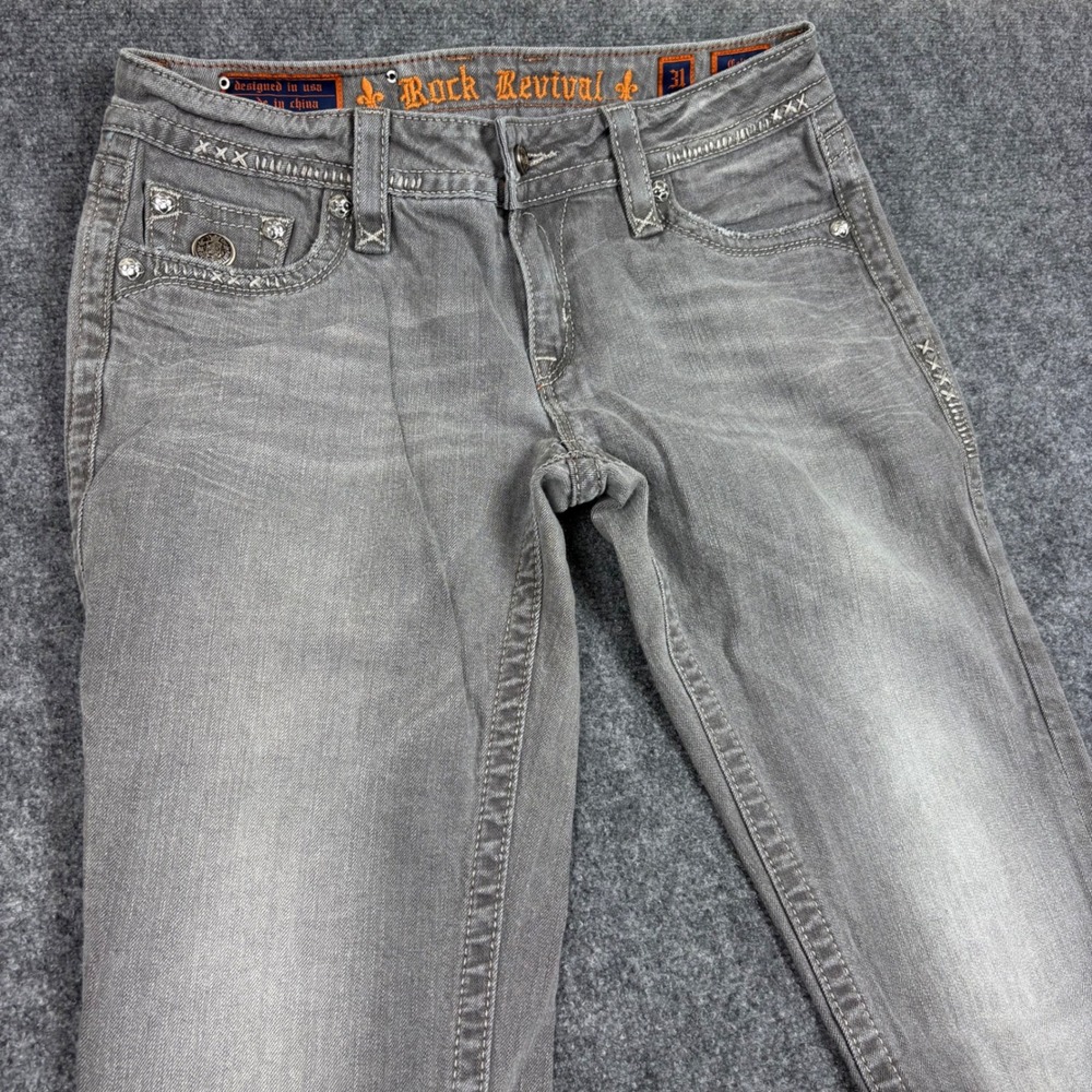 Rock Revival Celine Skinny Grey Jeans RRJ8146SK-18B Size 31 Fleur De Lis Stitch